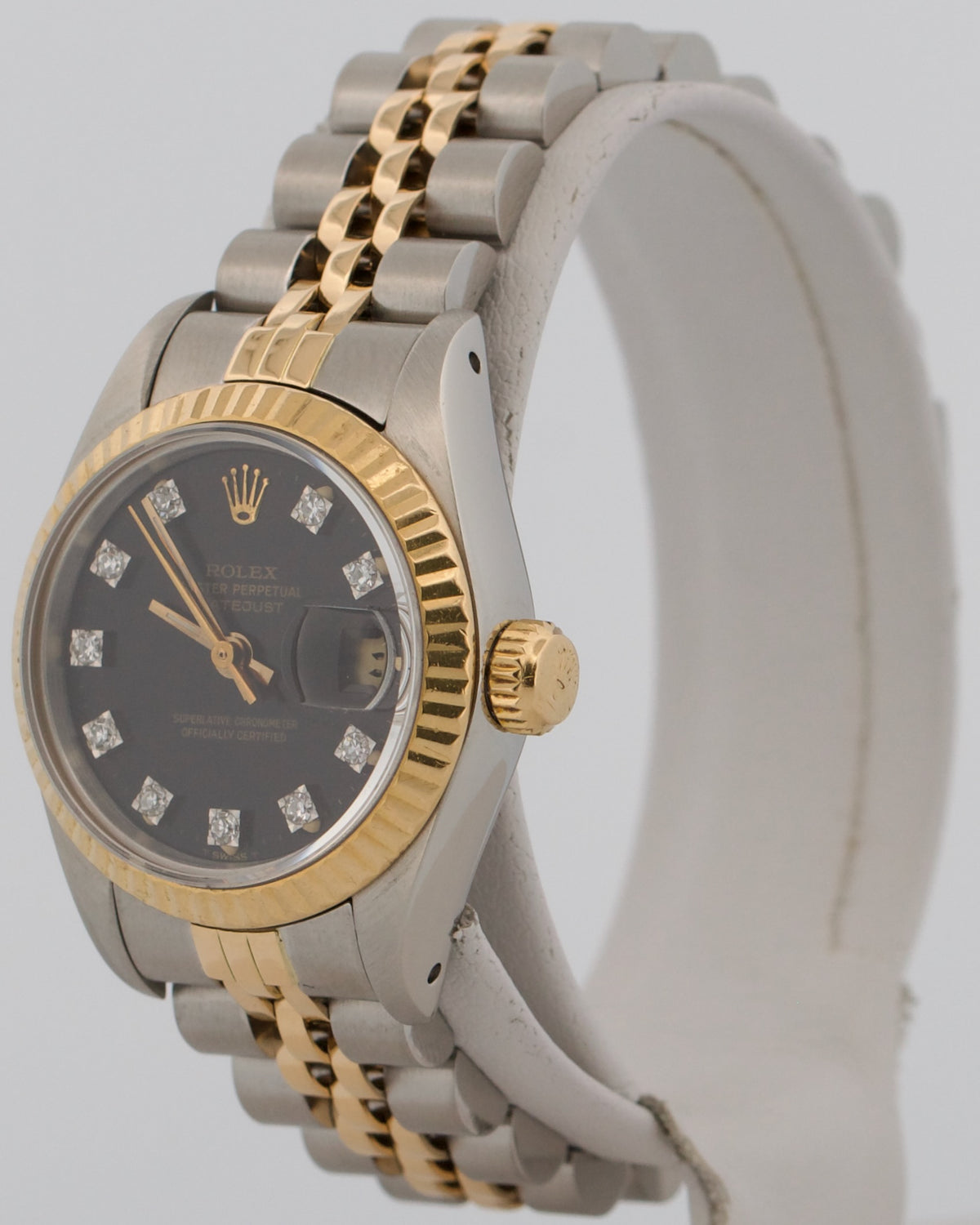 1986 Ladies Rolex DateJust 69173 26mm Black Diamond 18K Gold Steel Jubilee Watch