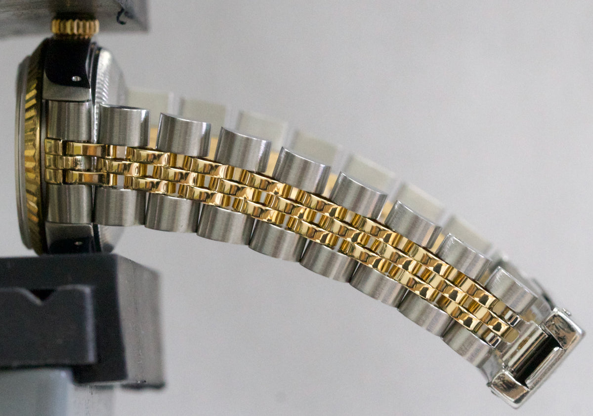 1986 Ladies Rolex DateJust 69173 26mm Black Diamond 18K Gold Steel Jubilee Watch