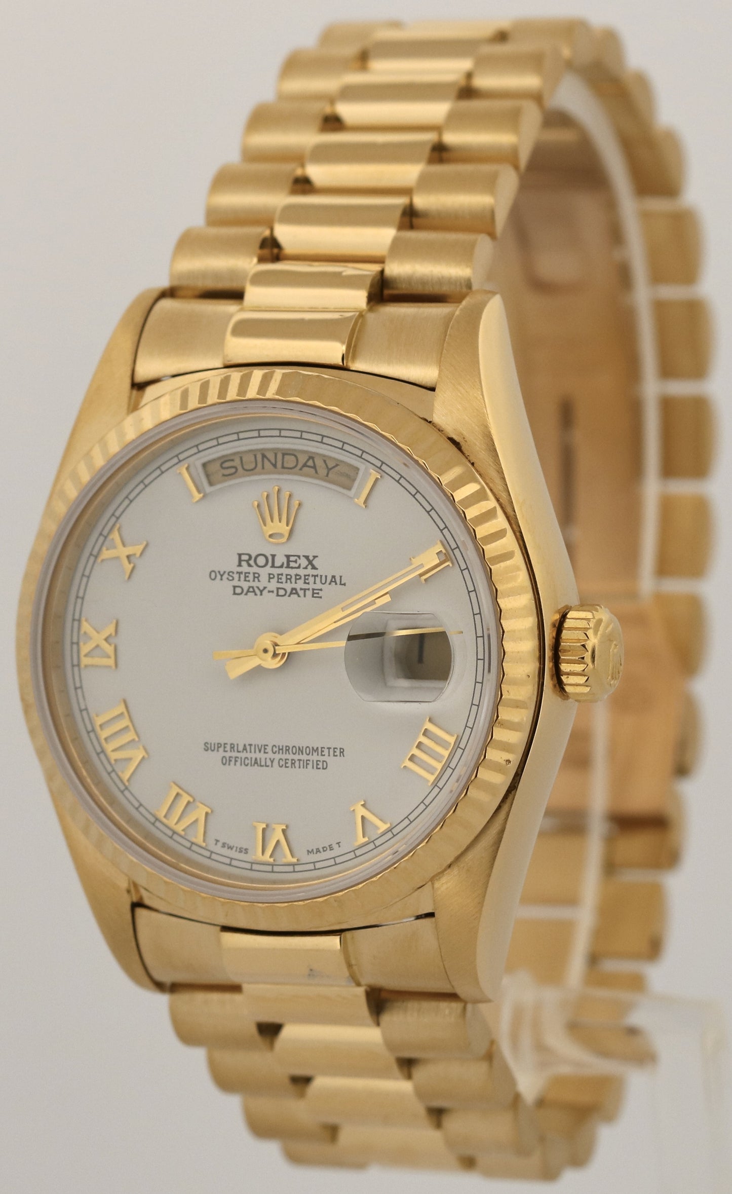 1986 Rolex Day-Date President WHITE ROMAN 36mm 18K Yellow Gold 18038 Watch