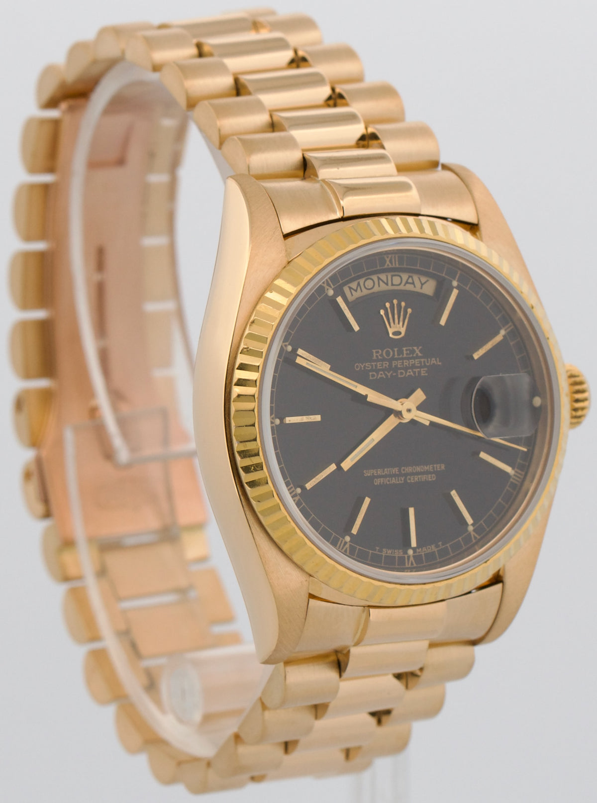 1981 Rolex Day-Date President 18038 Black Fluted 18K Yellow Gold 36mm Watch