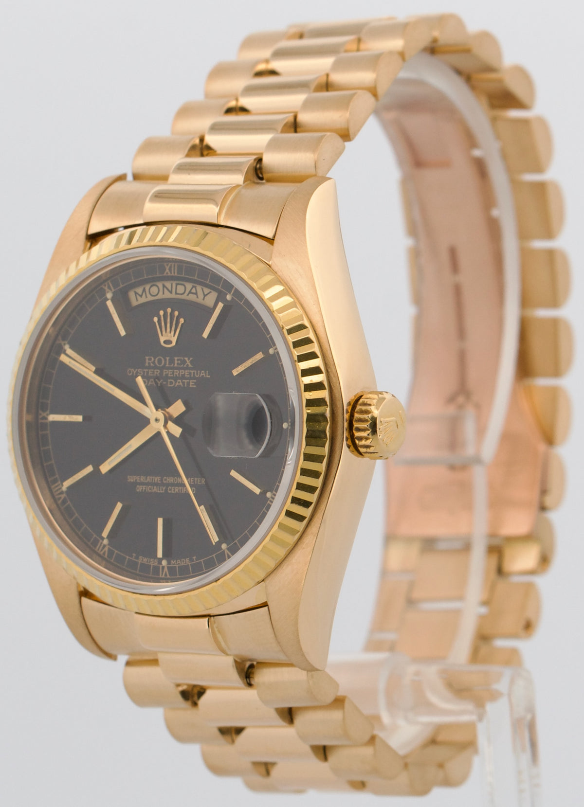 1981 Rolex Day-Date President 18038 Black Fluted 18K Yellow Gold 36mm Watch