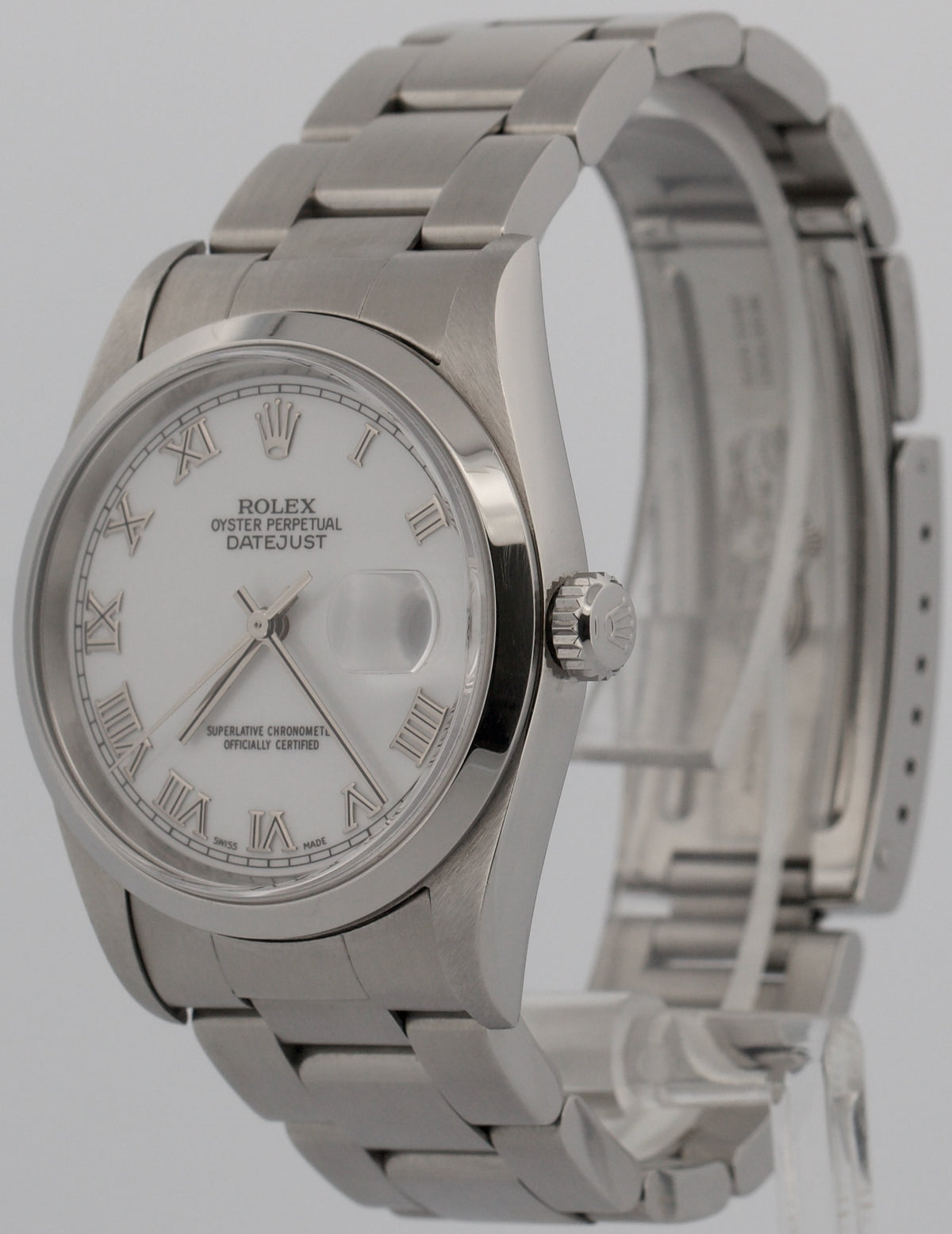 2004 Rolex DateJust 16200 White Roman Stainless Steel 36mm Oyster RSC Box Papers