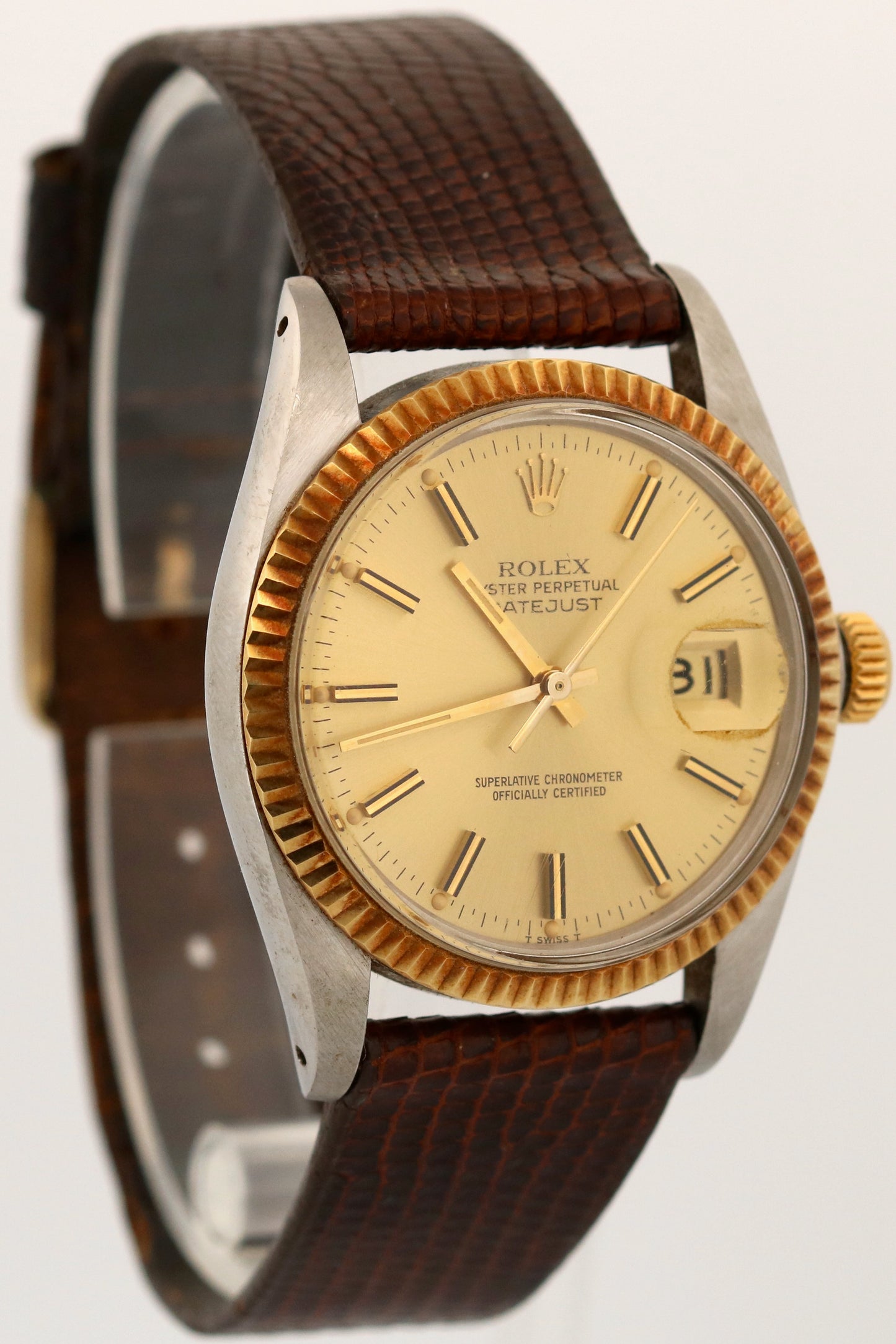 UNPOLISHED Rolex DateJust 36mm CHAMPAGNE 18K Gold Steel Fluted Leather 16013