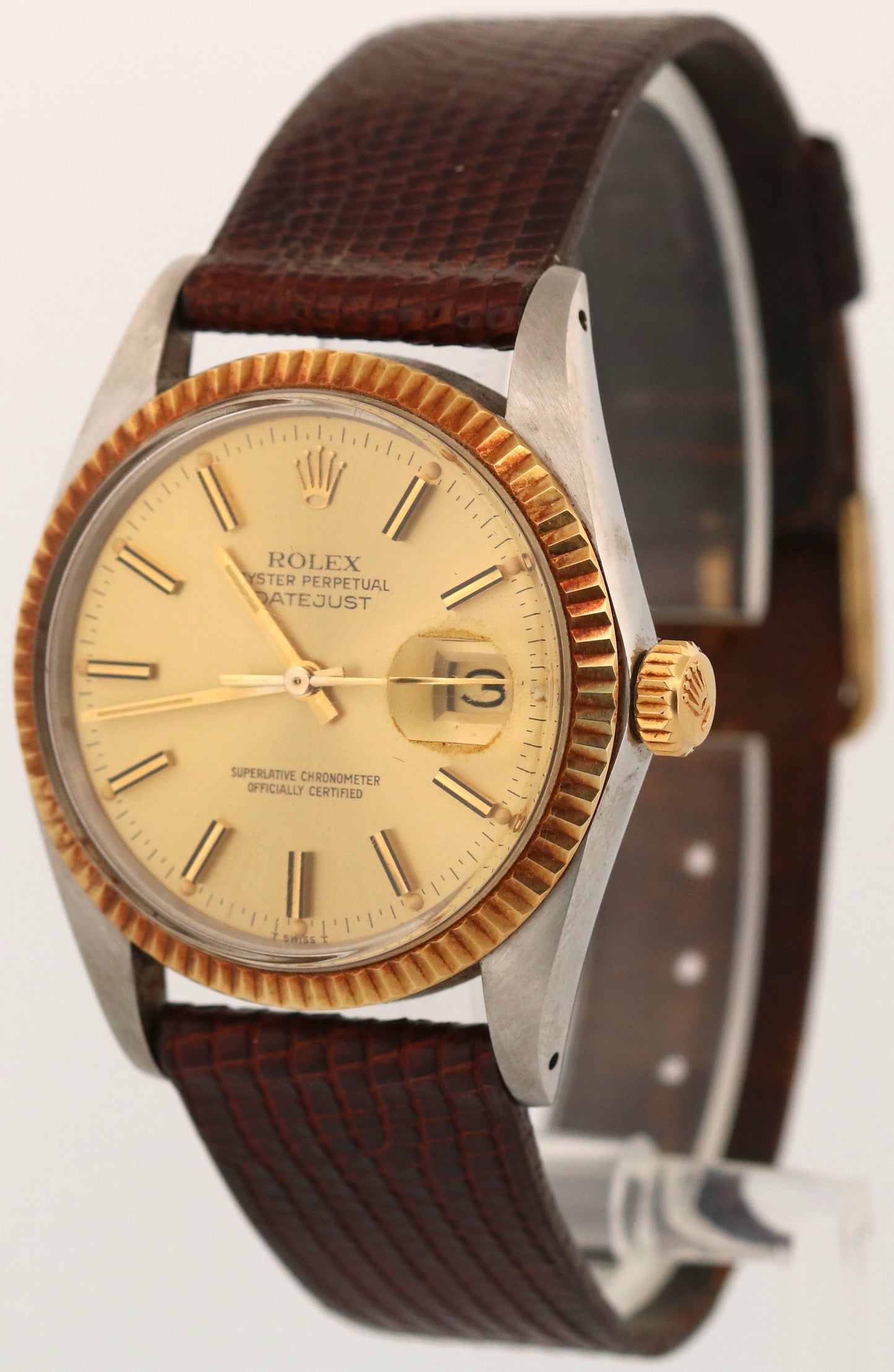 UNPOLISHED Rolex DateJust 36mm CHAMPAGNE 18K Gold Steel Fluted Leather 16013