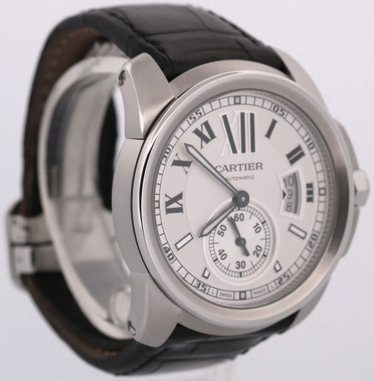 Cartier Calibre 3389 / W7100037 Silver Roman 42mm Steel Leather Date Watch