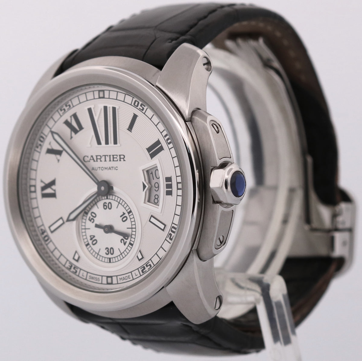 Cartier Calibre 3389 / W7100037 Silver Roman 42mm Steel Leather Date Watch