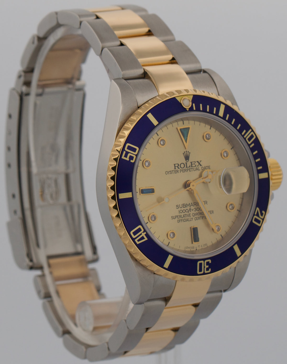 2004 Rolex Submariner Date 16613 Serti Champagne Blue Steel 18K 40mm Box Papers