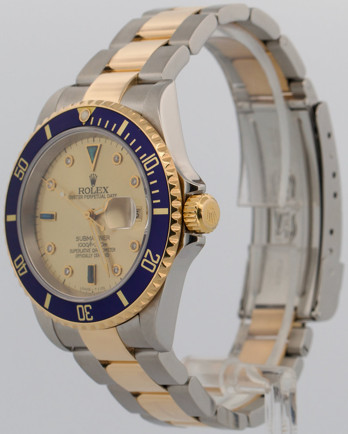 2004 Rolex Submariner Date 16613 Serti Champagne Blue Steel 18K 40mm Box Papers
