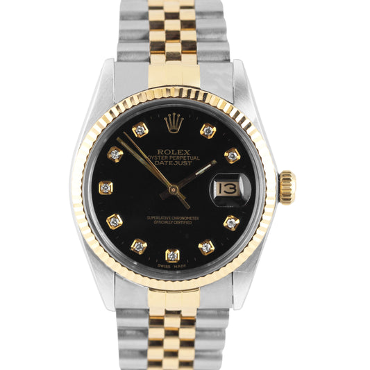 VINTAGE Rolex DateJust 36mm Two-Tone 18k Gold Steel Black DIAMOND 16013 Watch