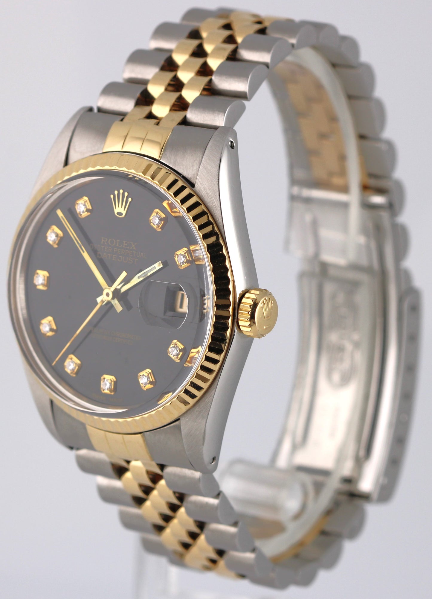 VINTAGE Rolex DateJust 36mm Two-Tone 18k Gold Steel Black DIAMOND 16013 Watch