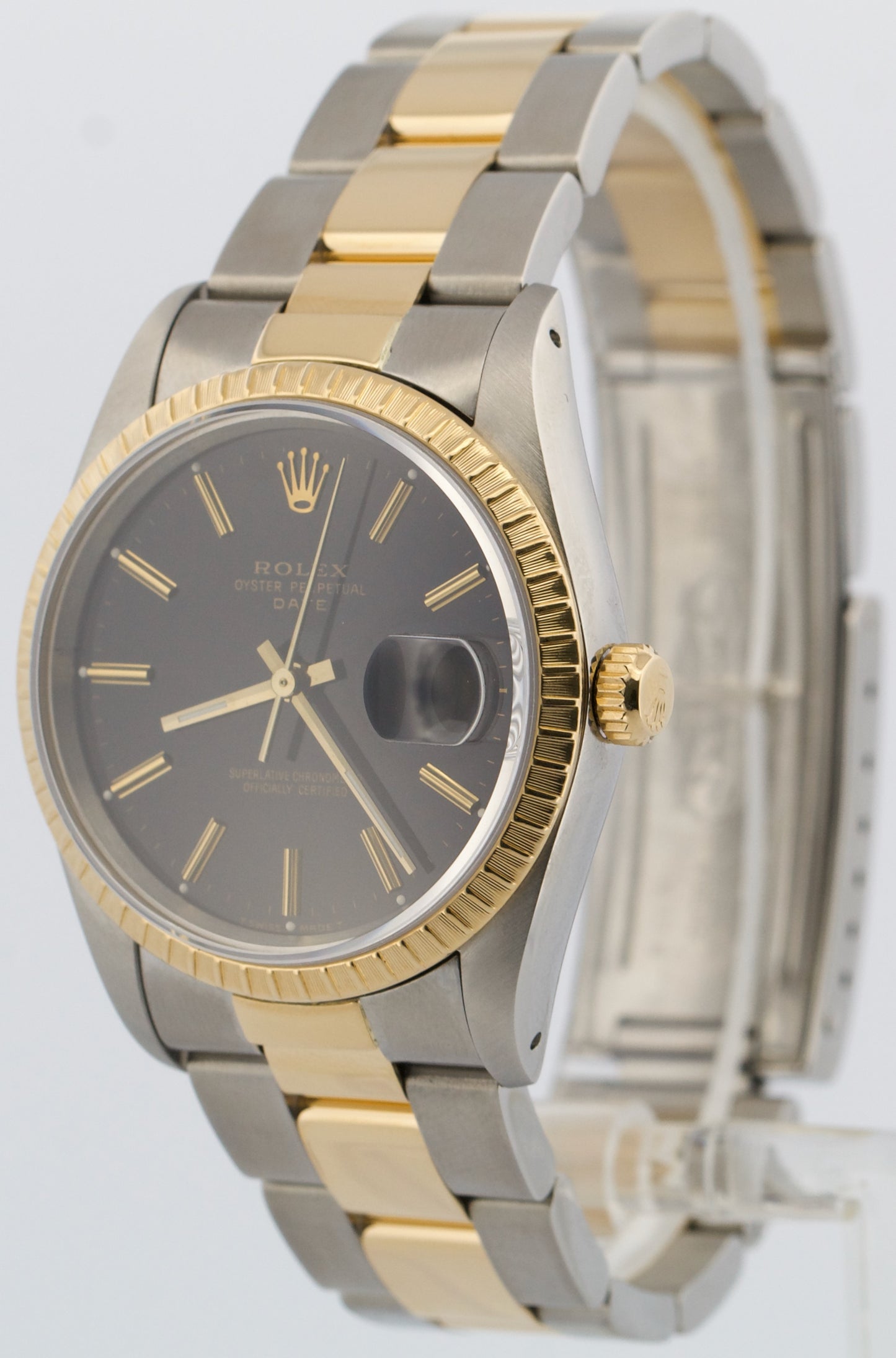 PAPERS Rolex Oyster Perpetual Date 34mm BLACK 18K Yellow Gold OYSTER 15233 BOX