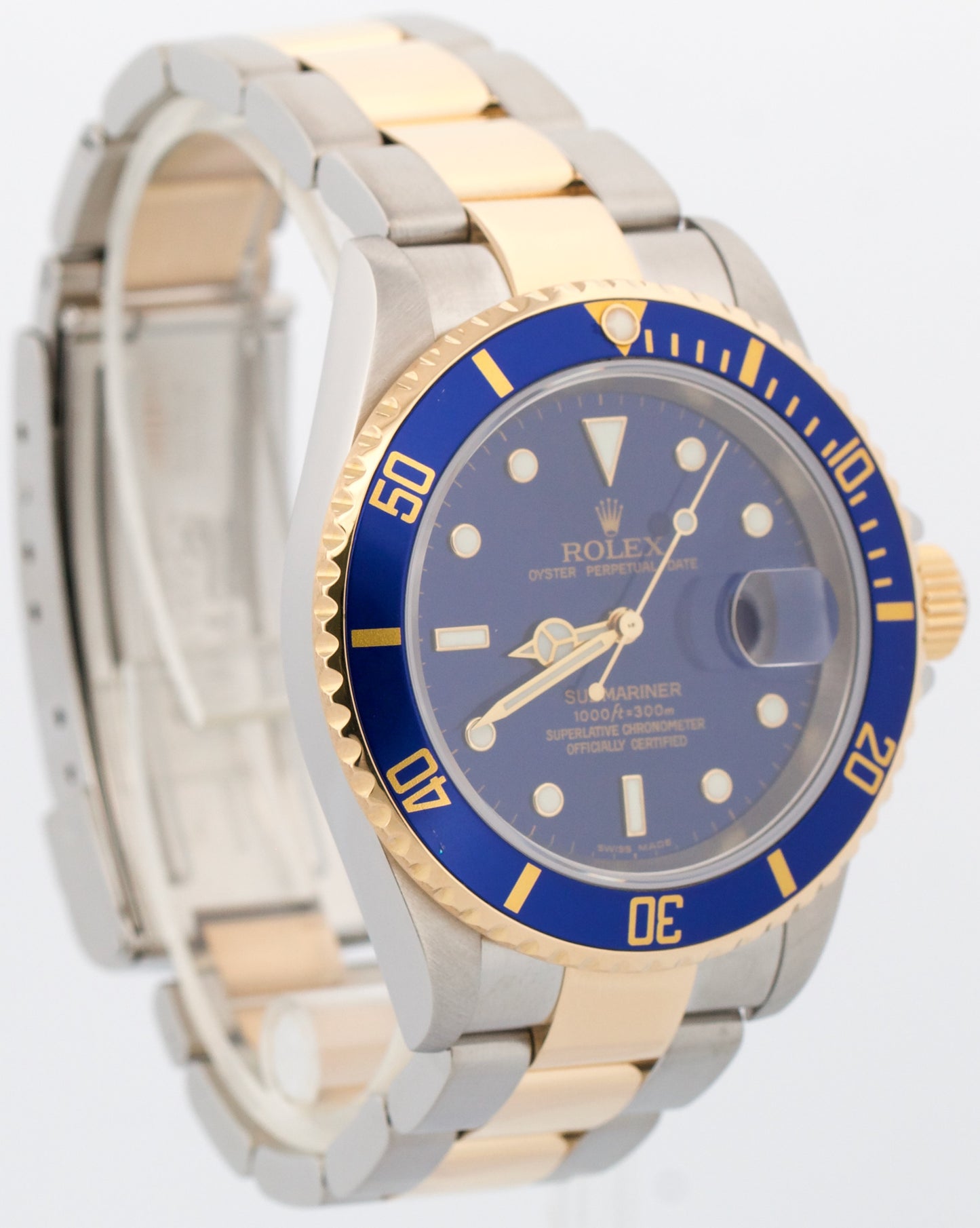 Rolex Submariner Date 40mm BLUE 18K Gold No-Holes Steel GOLD BUCKLE 16613 Watch
