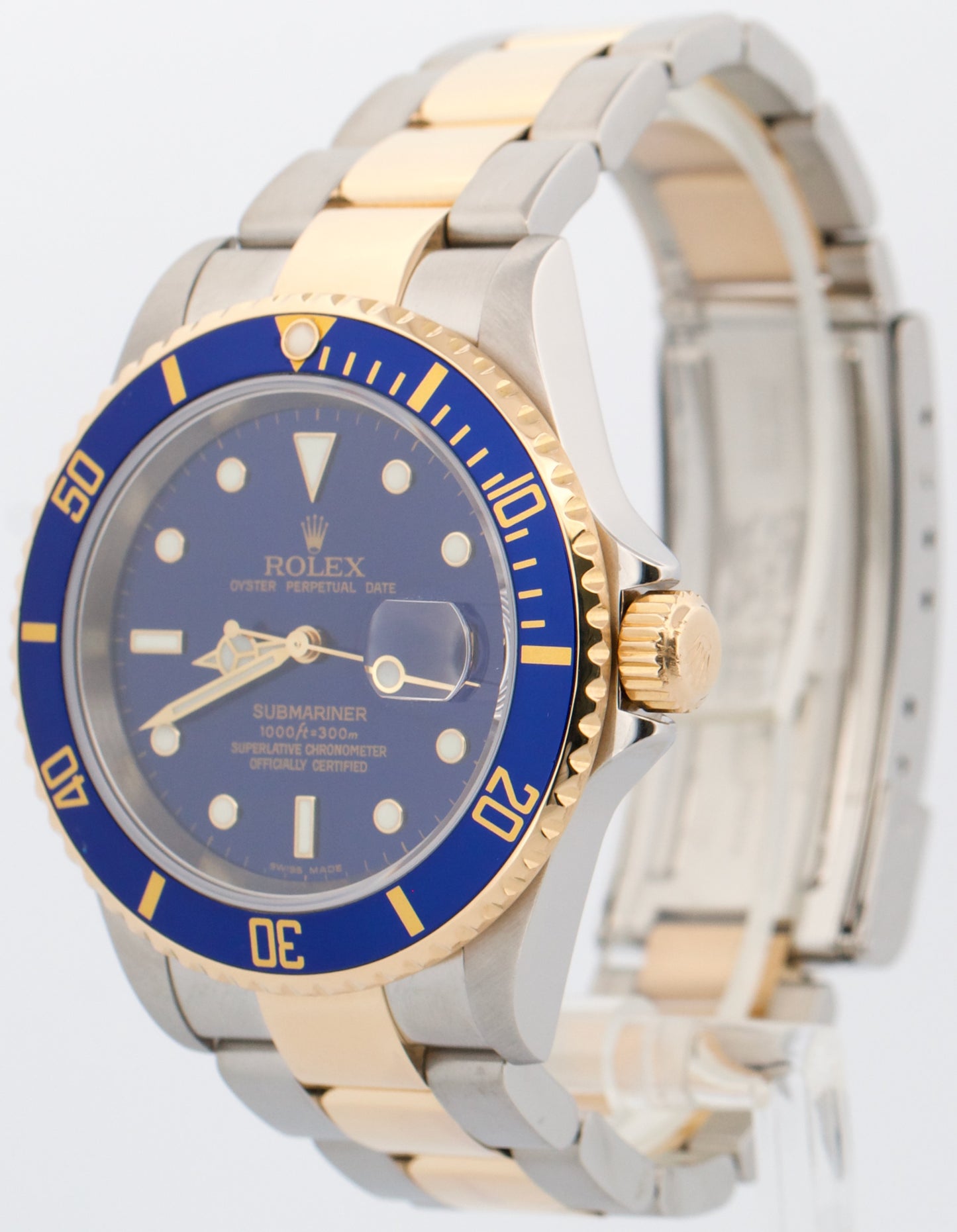 Rolex Submariner Date 40mm BLUE 18K Gold No-Holes Steel GOLD BUCKLE 16613 Watch