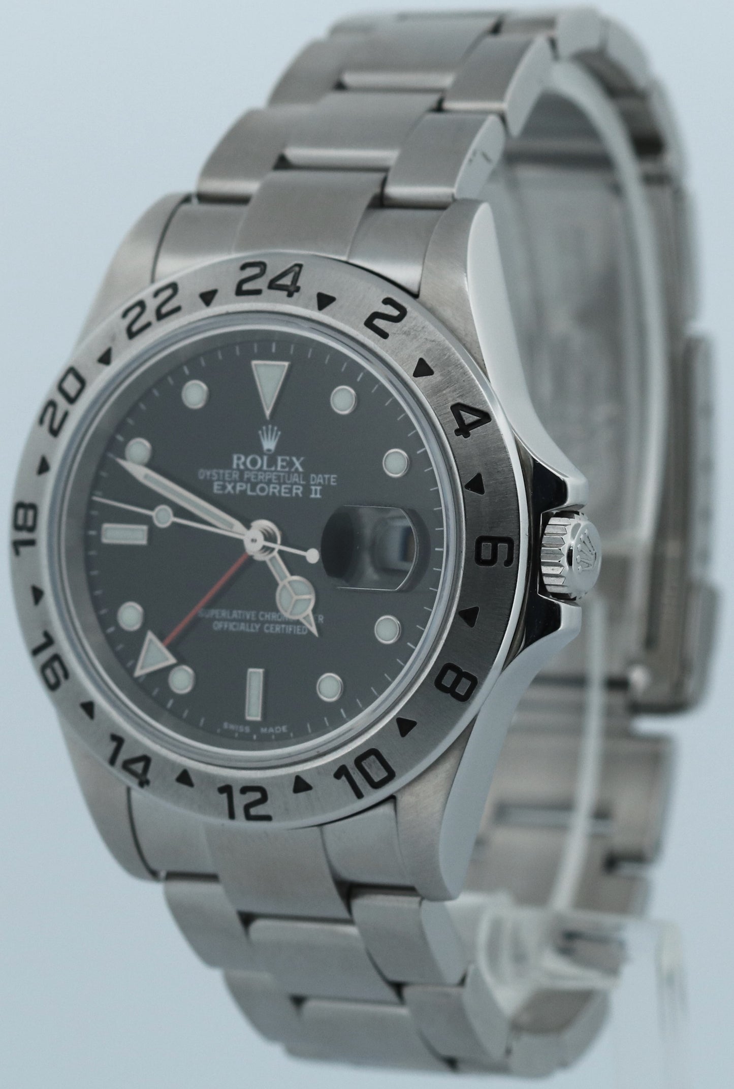 PAPERS Rolex Explorer II 40mm BLACK Steel NO-HOLES Red GMT Watch 16570 BOX