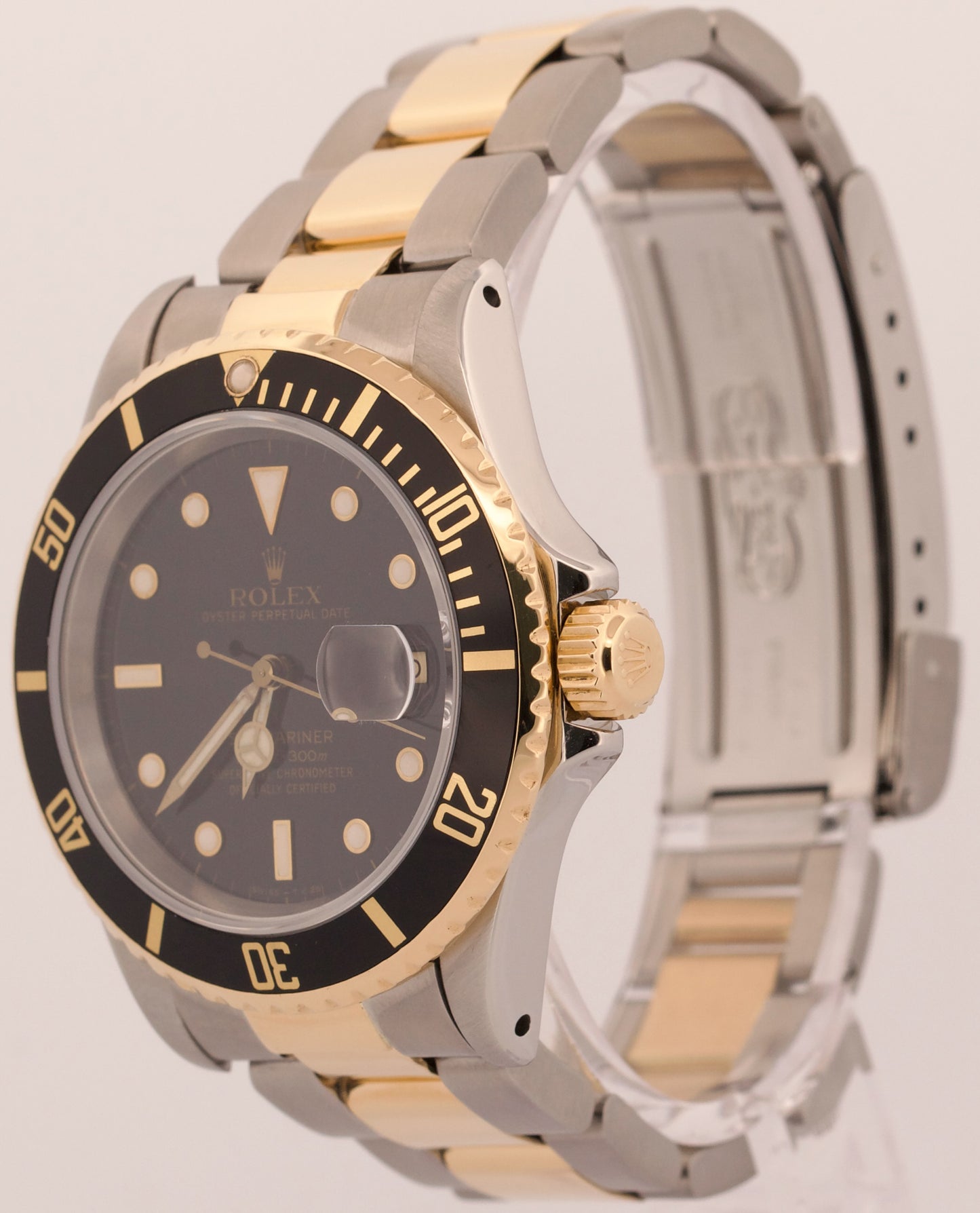 1990 PAPERS Rolex Submariner Date 40mm BLACK 18K Yellow Gold Steel 16613 BOX