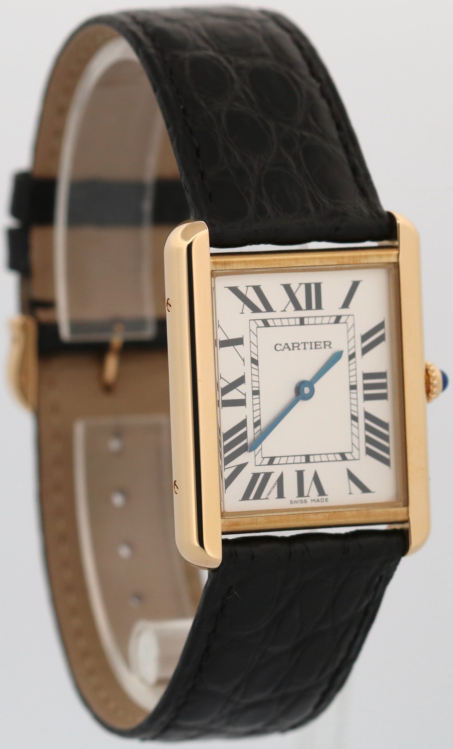 Cartier Tank Solo Large SILVER 18K Yellow Gold Quartz 2742 W1018855 Leather 27mm