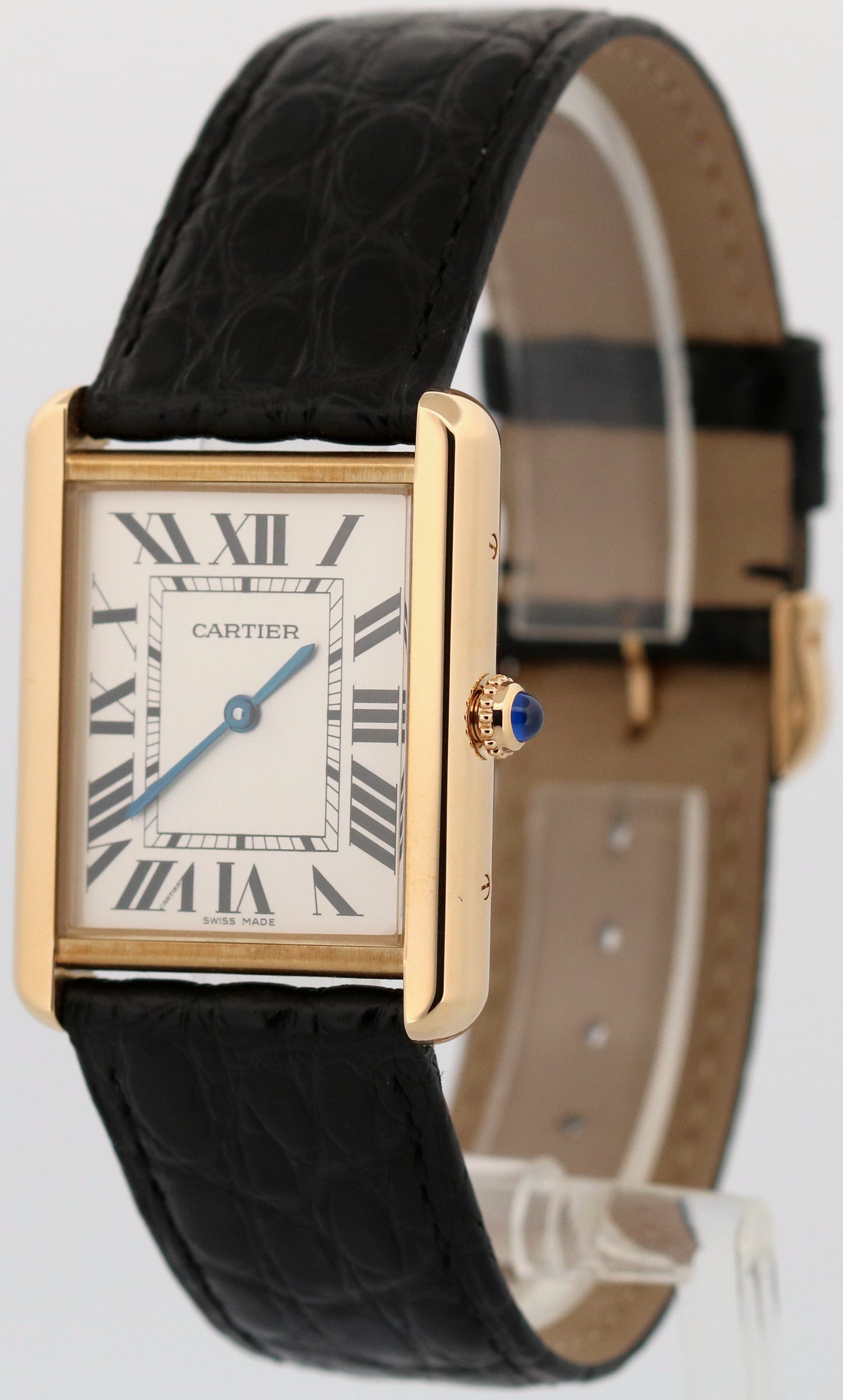 Cartier Tank Solo Large SILVER 18K Yellow Gold Quartz 2742 W1018855 Leather 27mm