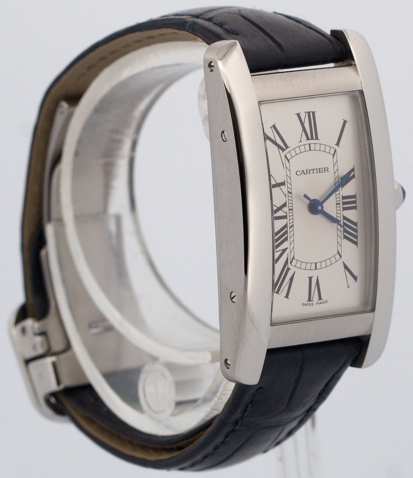 Cartier Tank Americaine SILVER 22mm Steel Leather Automatic Watch 3971 WSTA0017
