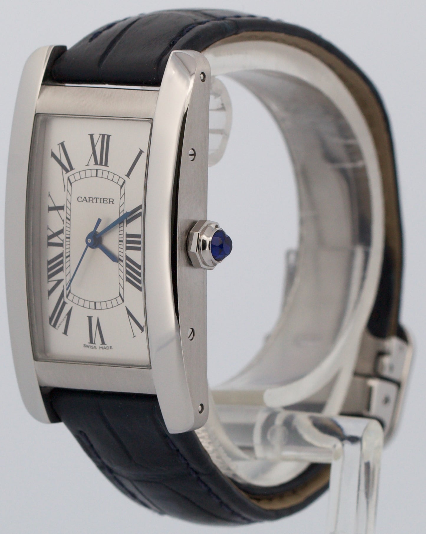 Cartier Tank Americaine SILVER 22mm Steel Leather Automatic Watch 3971 WSTA0017