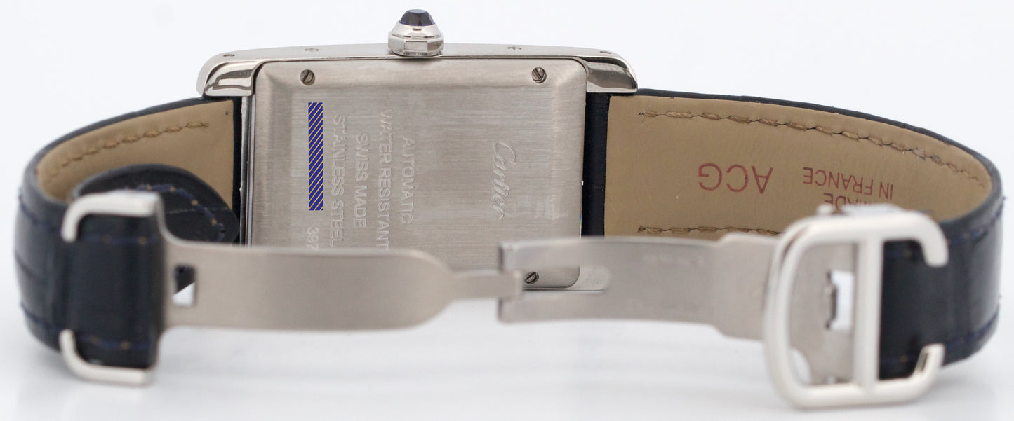 Cartier Tank Americaine SILVER 22mm Steel Leather Automatic Watch 3971 WSTA0017