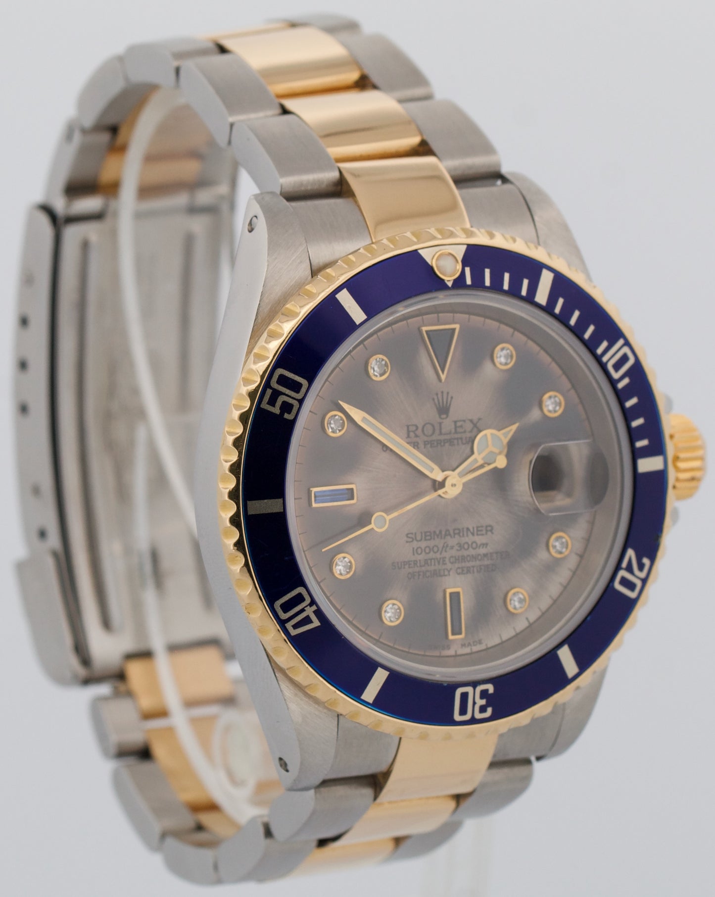 Rolex Submariner Date 40mm Patina FACTORY RHODIUM SERTI Diamond 18K Steel 16613