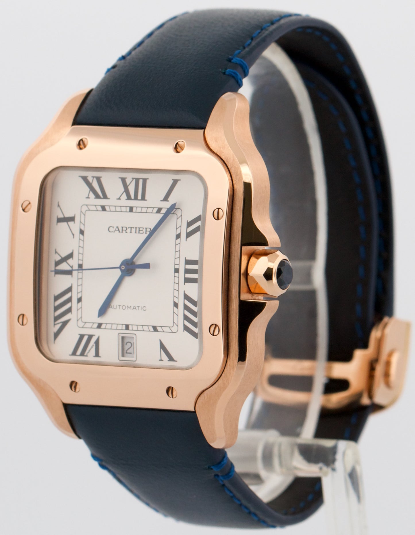 NEW 2024 PAPERS Cartier Santos 39.8mm 18K Gold BLUE Leather 4071 WGSA0019 BOX