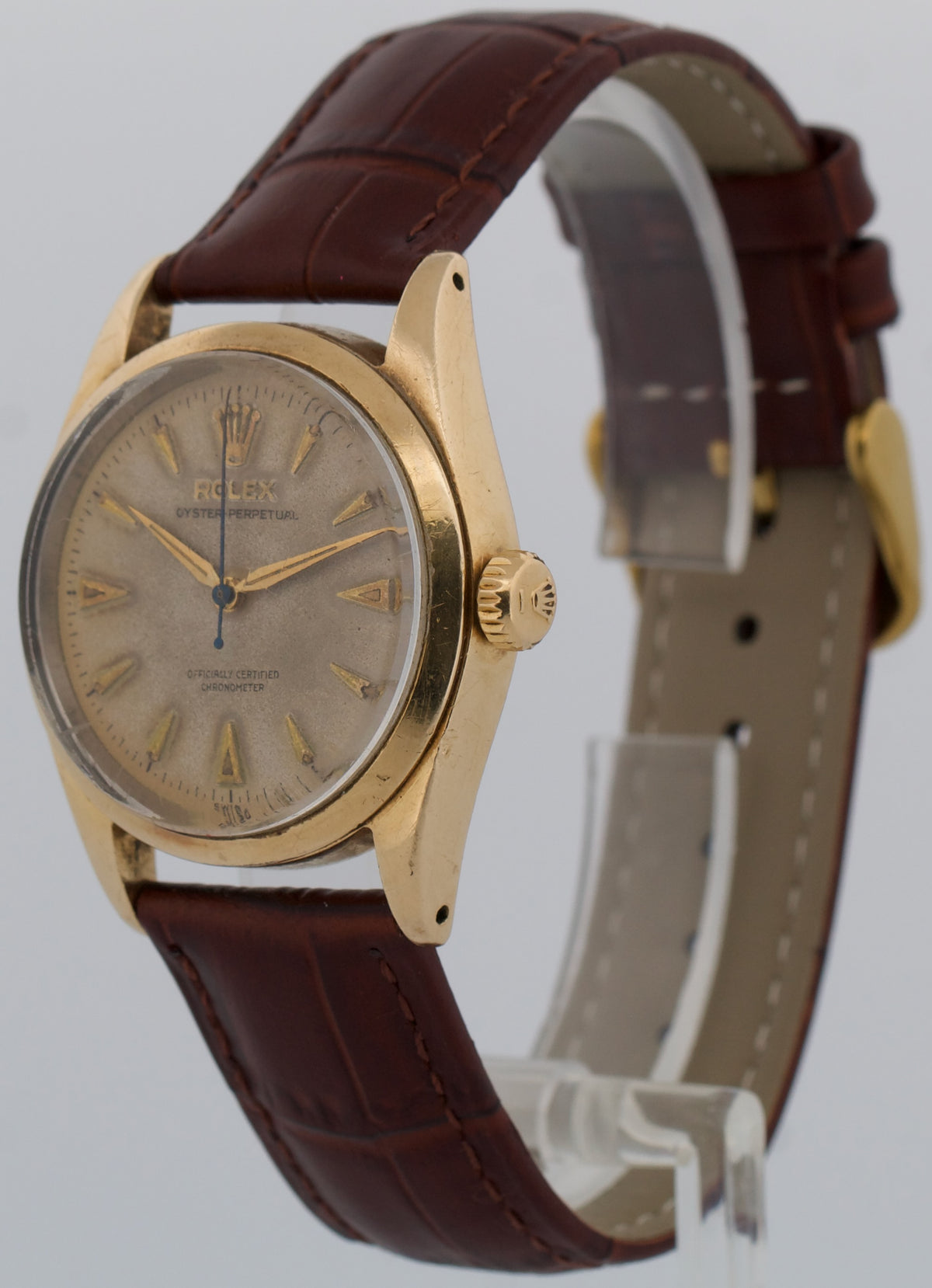 Vintage Rolex Oyster Perpetual 6334 Golden Egg Patina Gold Bubbleback 34mm Watch
