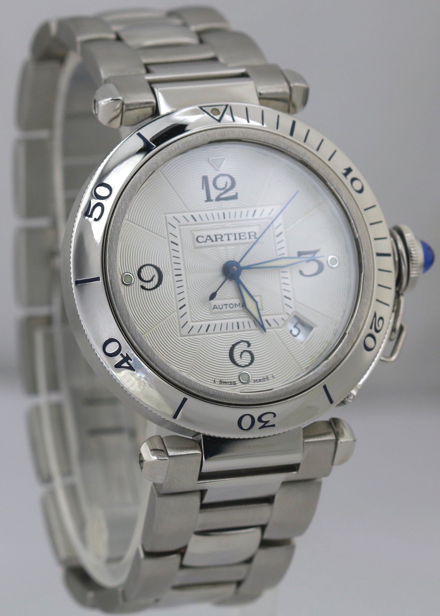 Cartier Pasha Seatimer SILVER GUILLOCHE 38mm Stainless Steel Date Automatic 2379