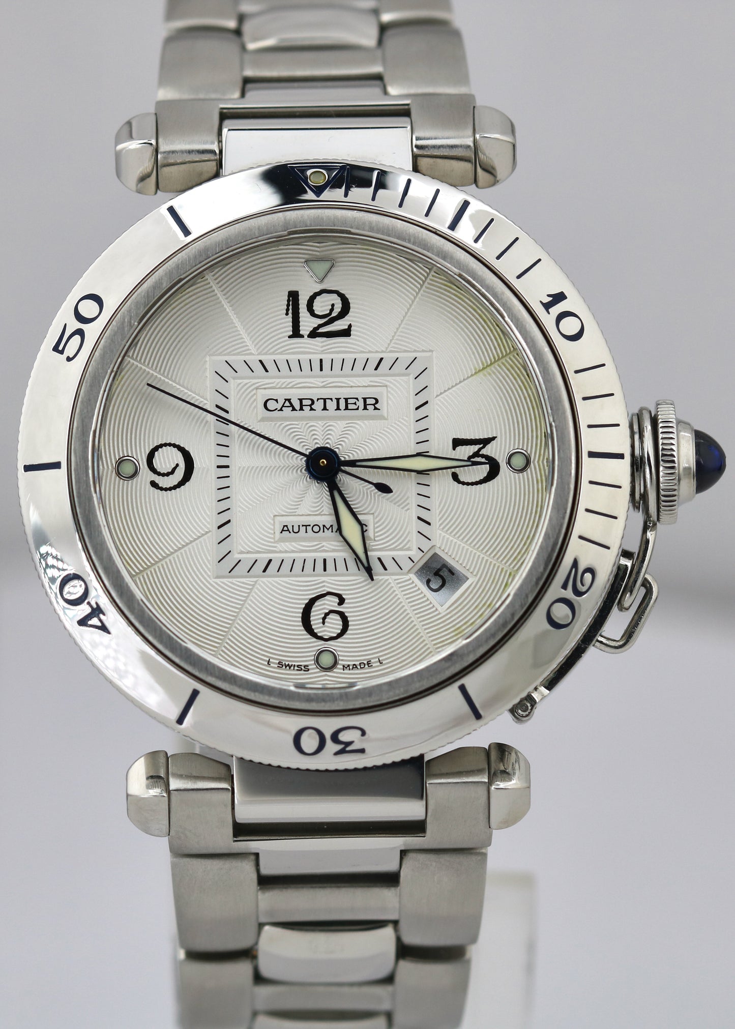 Cartier Pasha Seatimer SILVER GUILLOCHE 38mm Stainless Steel Date Automatic 2379