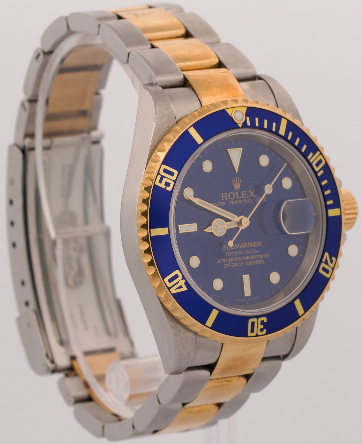 UNPOLISHED Rolex Submariner Date 40mm BLUE 18K Yellow Gold NO-HOLES Steel 16613