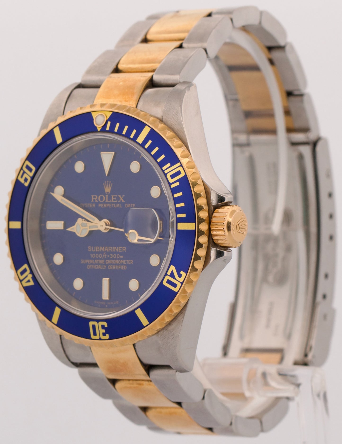 UNPOLISHED Rolex Submariner Date 40mm BLUE 18K Yellow Gold NO-HOLES Steel 16613