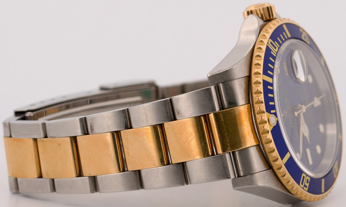 UNPOLISHED Rolex Submariner Date 40mm BLUE 18K Yellow Gold NO-HOLES Steel 16613
