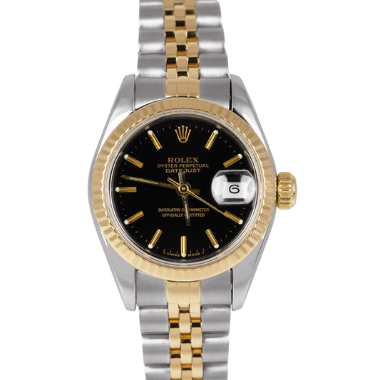 Ladies Rolex DateJust Black Two-Tone 18K Yellow Gold Steel 26mm Watch 69173 BOX