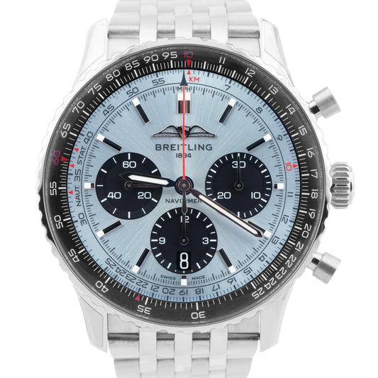 STICKERED Breitling Navitimer B01 PAPERS 43mm ICE BLUE Stainless AB0138 B+P
