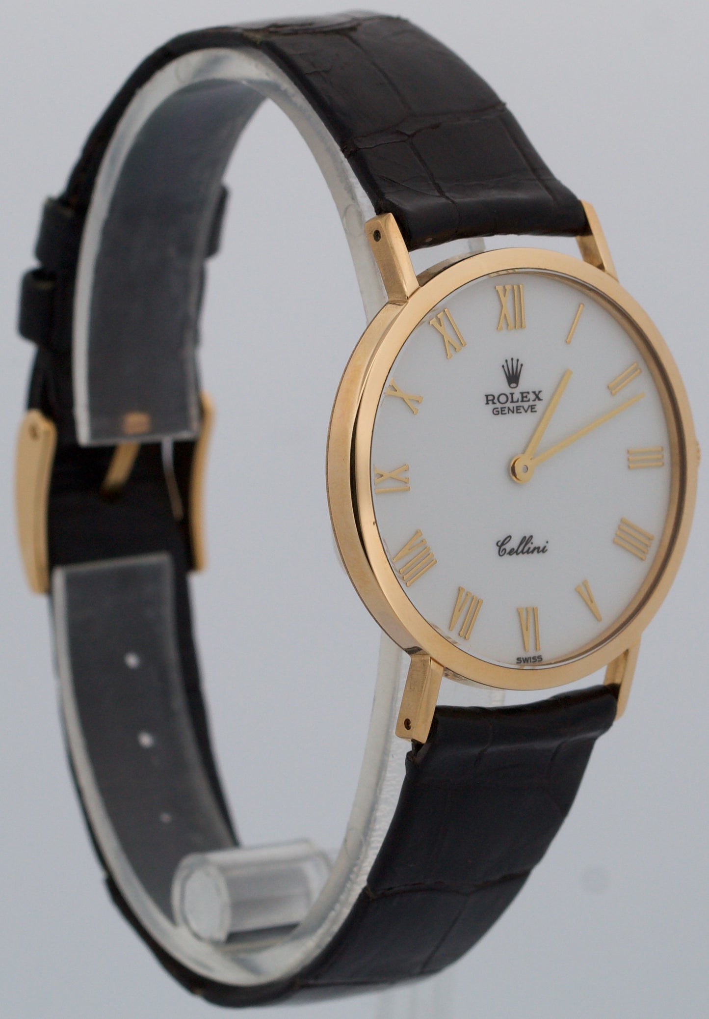 Rolex Cellini WHITE ROMAN 18K Yellow Gold Manual Black Leather 32mm 4112 Watch