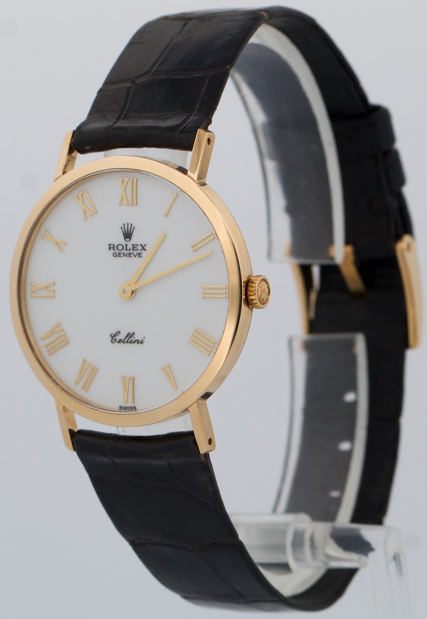 Rolex Cellini WHITE ROMAN 18K Yellow Gold Manual Black Leather 32mm 4112 Watch