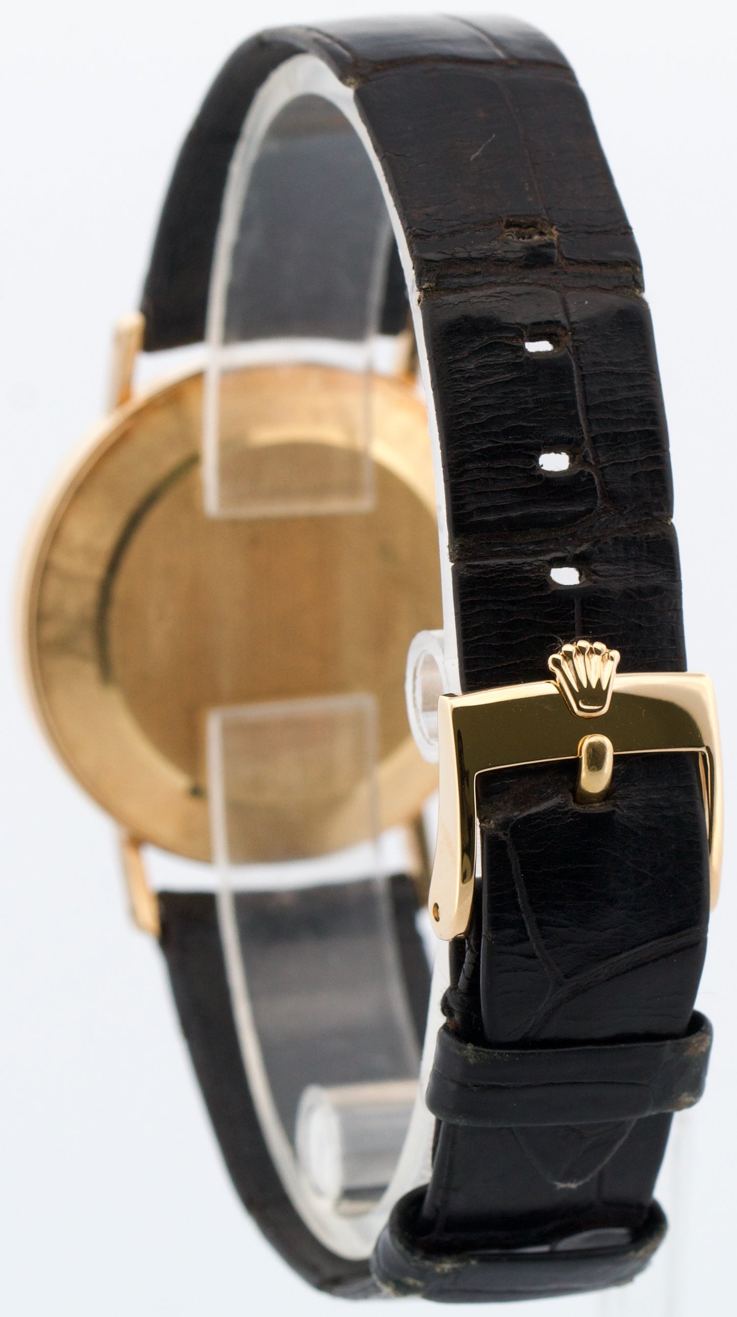 Rolex Cellini WHITE ROMAN 18K Yellow Gold Manual Black Leather 32mm 4112 Watch