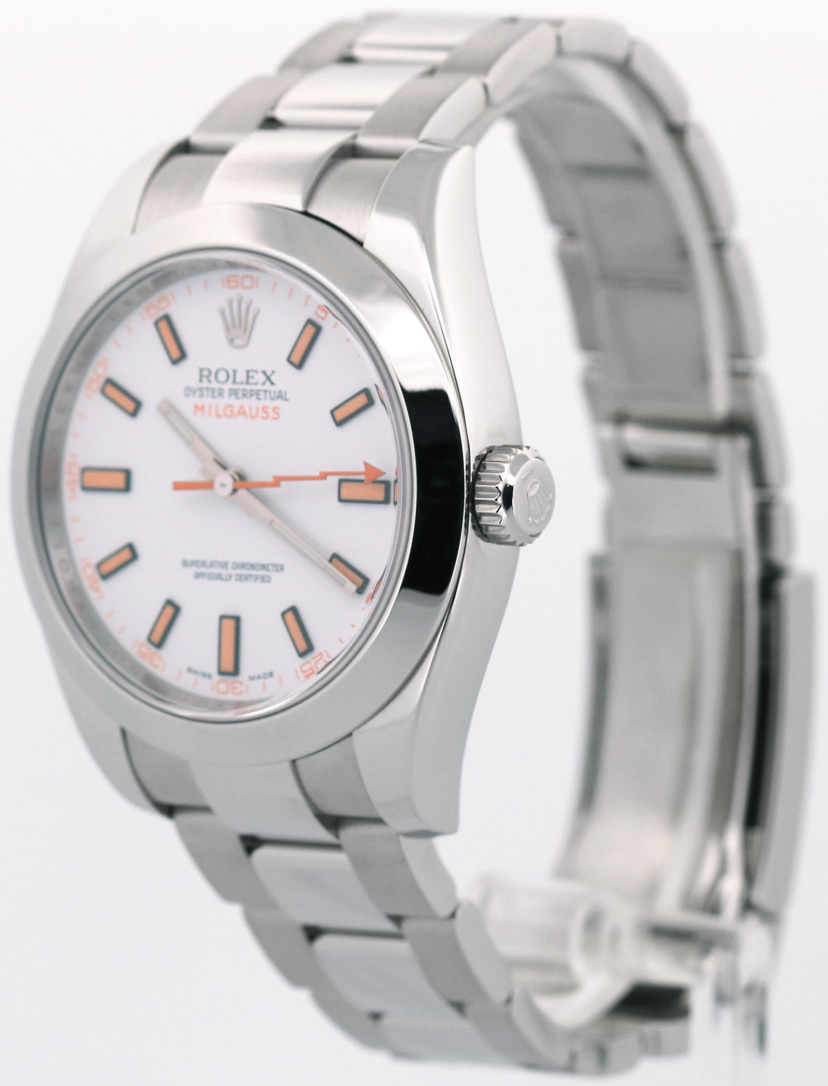 2024 CPO Rolex Milgauss 116400 White Orange Stainless Steel 40mm Watch Papers