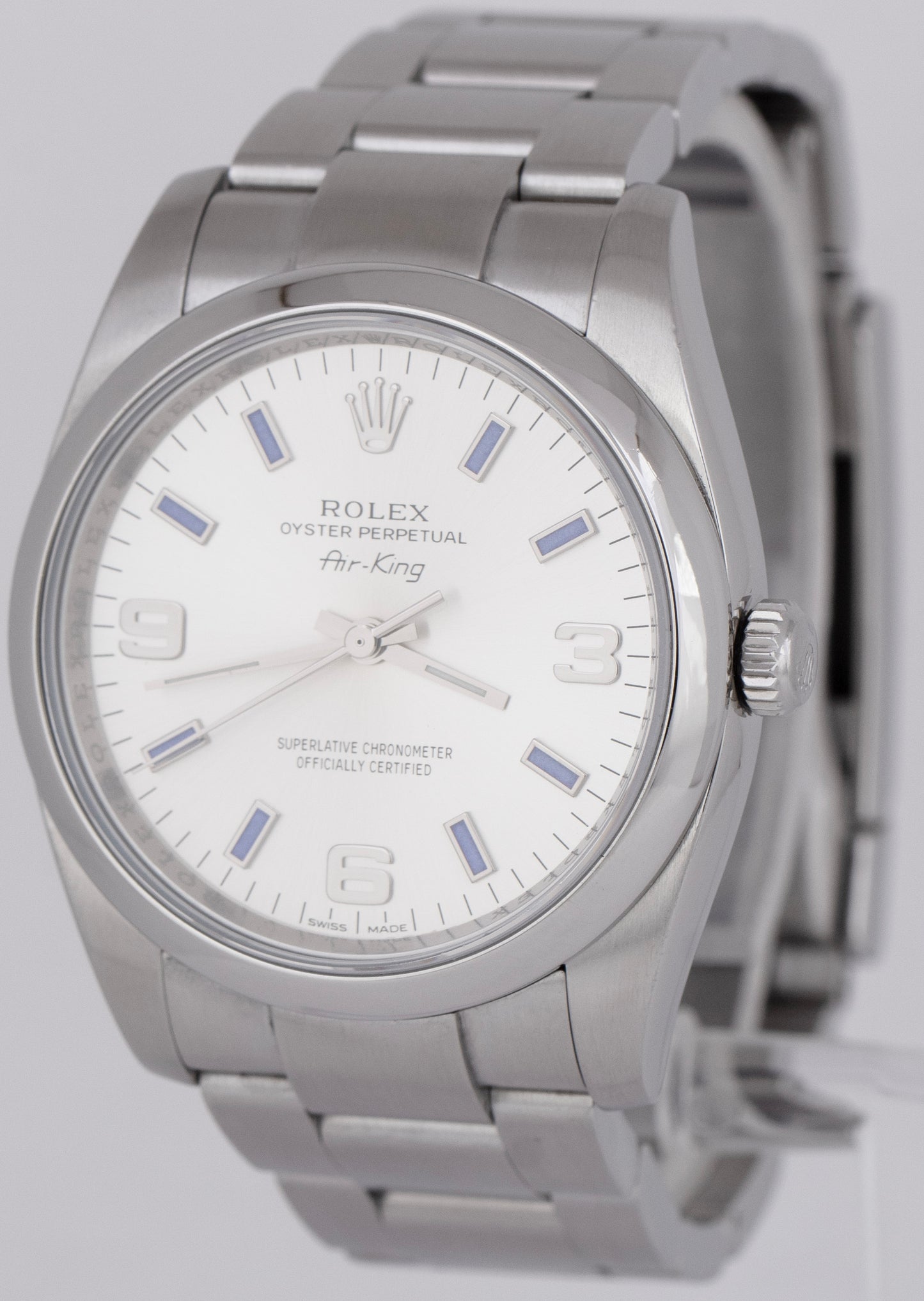 MINT Rolex Oyster Perpetual Air-King Silver Blue Stainless 34mm Watch 114200