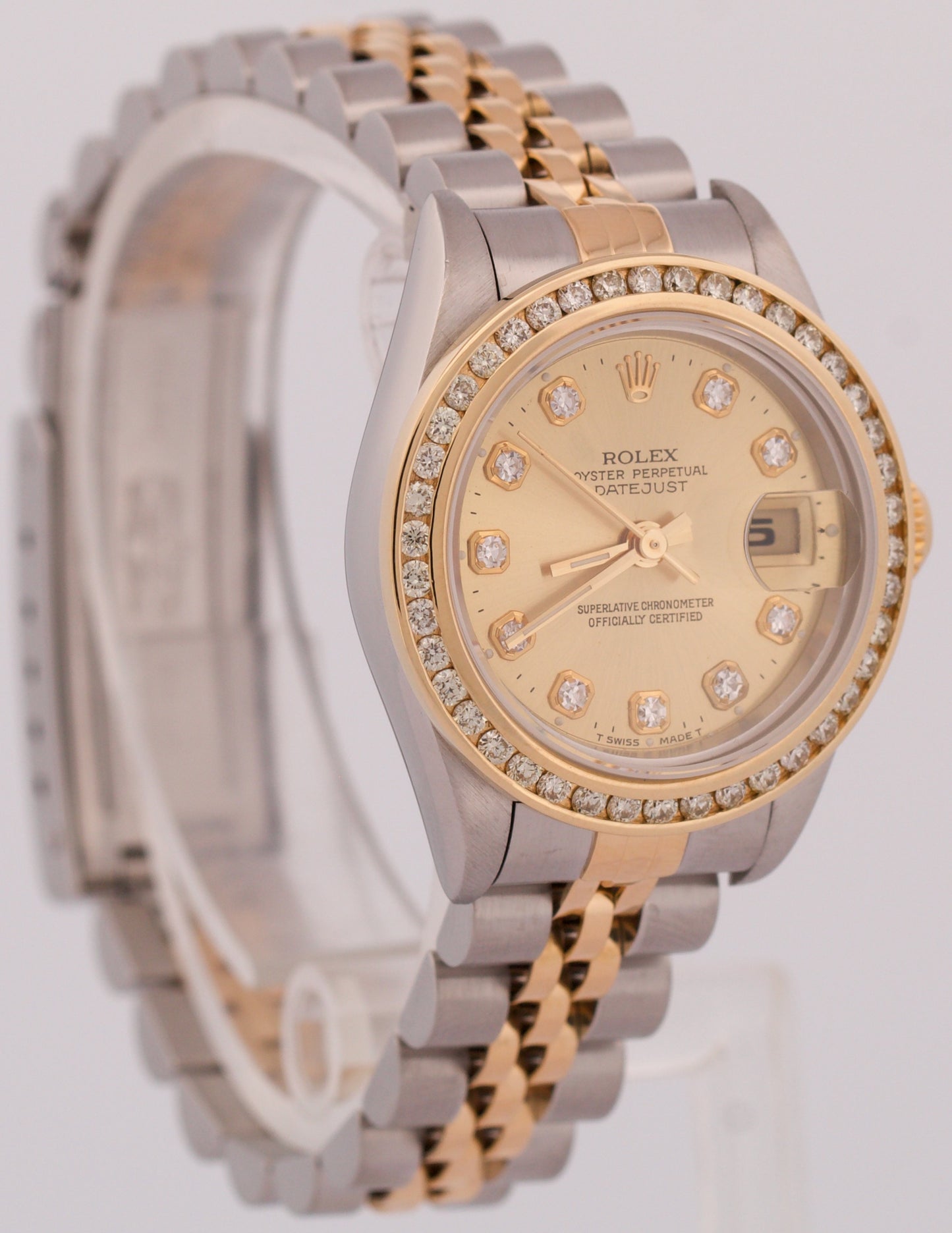 PAPERS Rolex DateJust 26mm CHAMPAGNE DIAMOND 18K Gold Steel NO-HOLES 69173 BOX