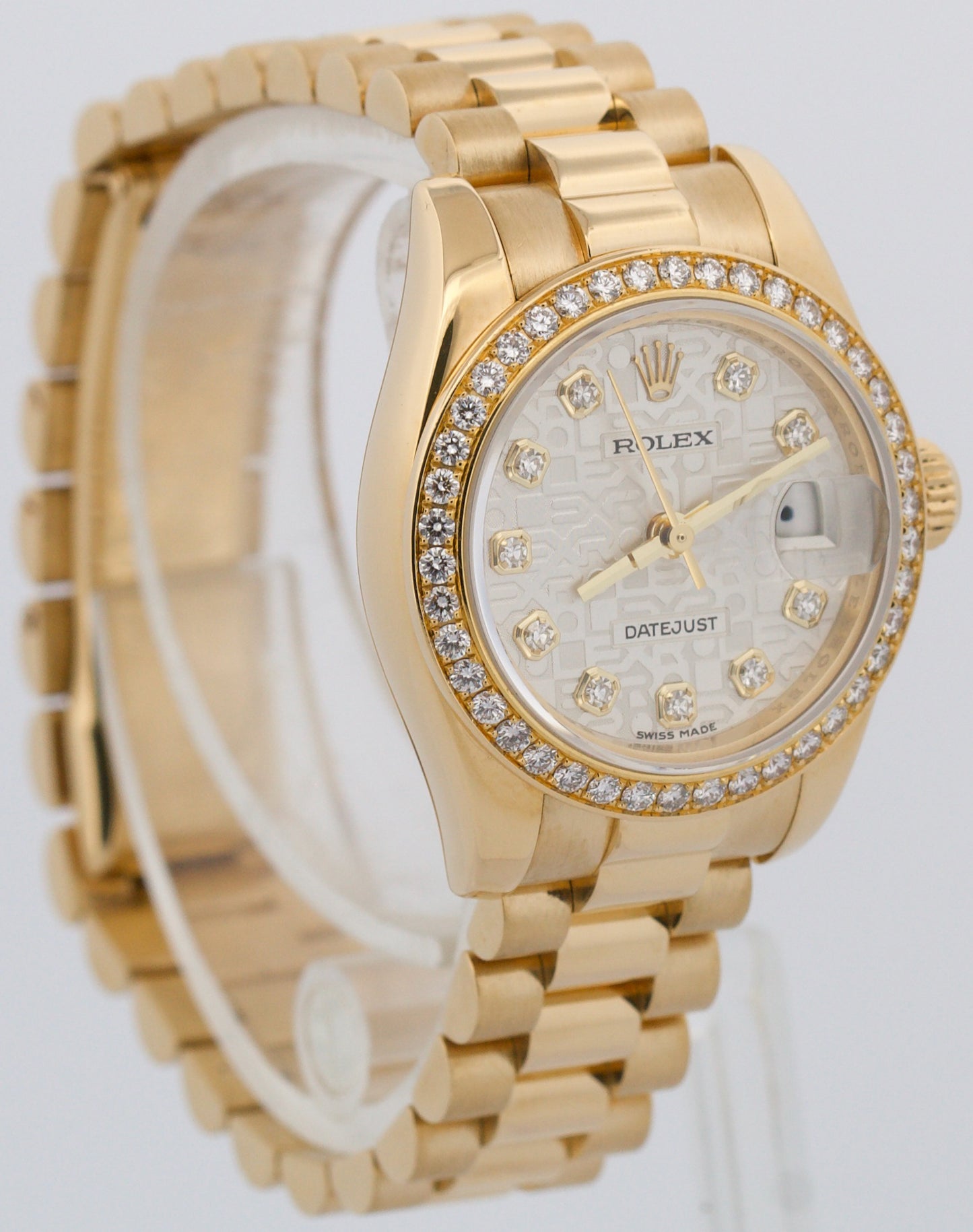 PAPERS Rolex DateJust President SILVER JUBILEE DIAMOND 26mm 18K Gold 179138 BOX