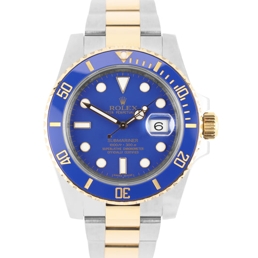 Rolex Submariner Date 18K Yellow Gold Steel BLUE 40mm 116613 Watch