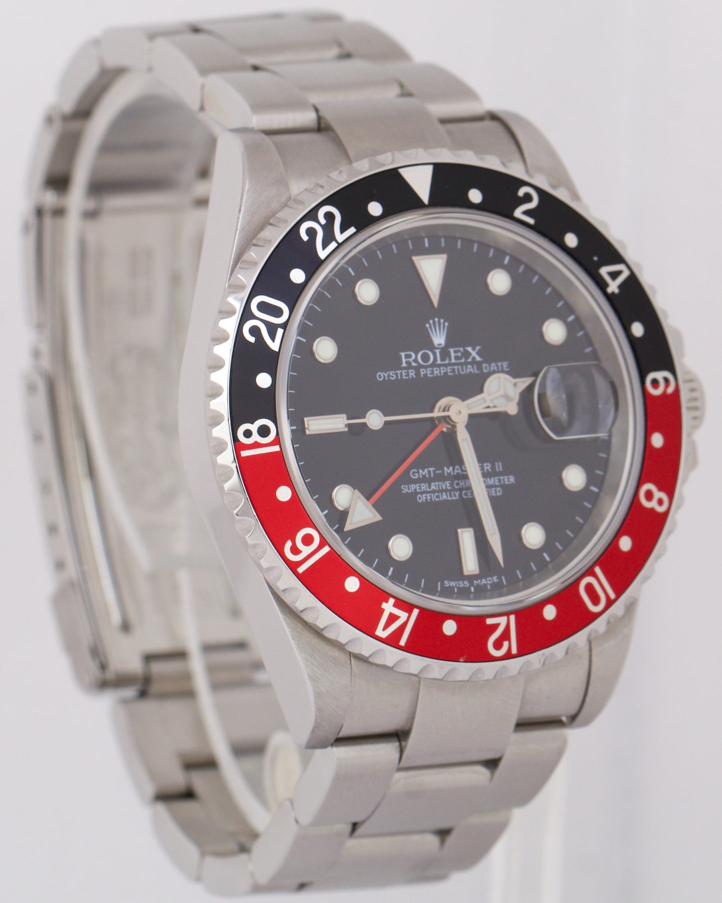 Rolex GMT-Master II 40mm COKE Black Red NO-HOLES Steel STICK DIAL 16710 Watch