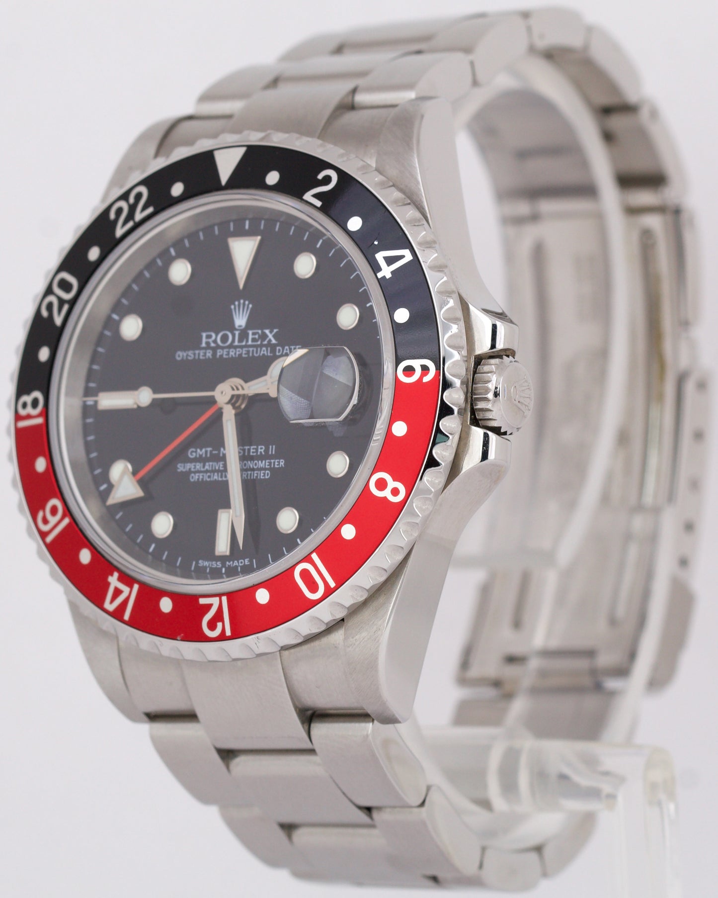 Rolex GMT-Master II 40mm COKE Black Red NO-HOLES Steel STICK DIAL 16710 Watch