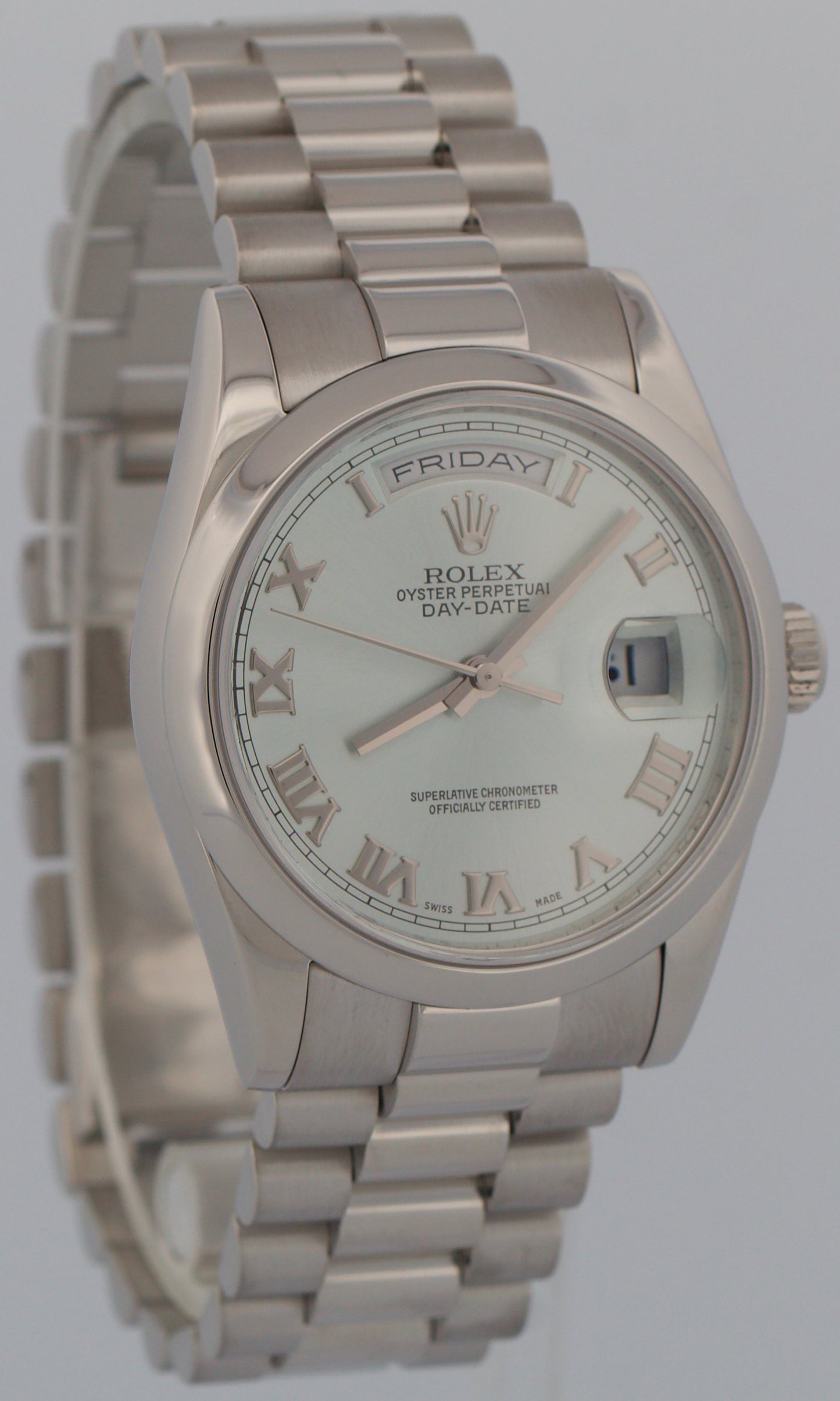 PAPERS Rolex Day-Date Presidential 36mm GLACIER BLUE ROMAN Platinum 118206 BOX