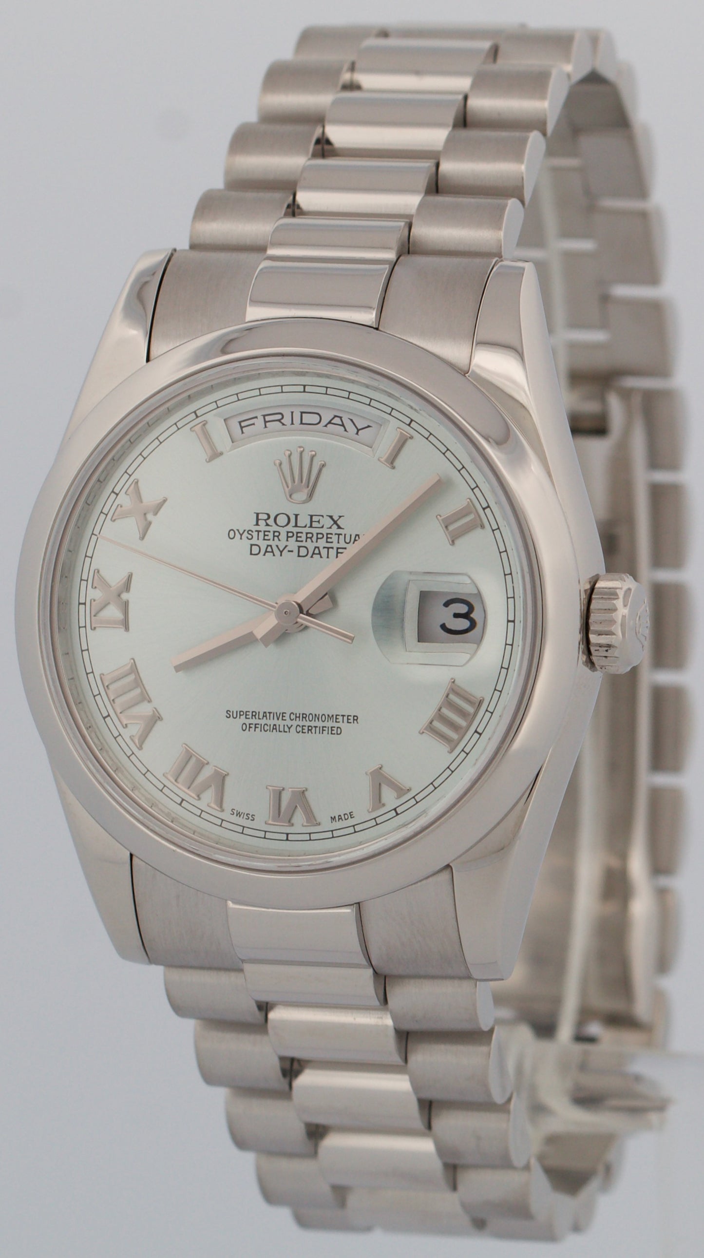 PAPERS Rolex Day-Date Presidential 36mm GLACIER BLUE ROMAN Platinum 118206 BOX