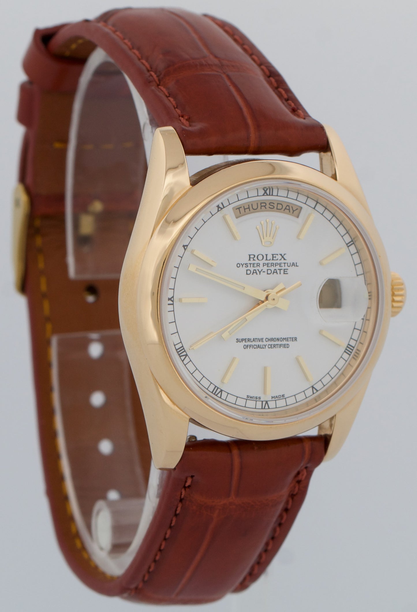 Rolex Day-Date WHITE 18K Yellow Gold Smooth Brown Leather 36mm Watch 118208
