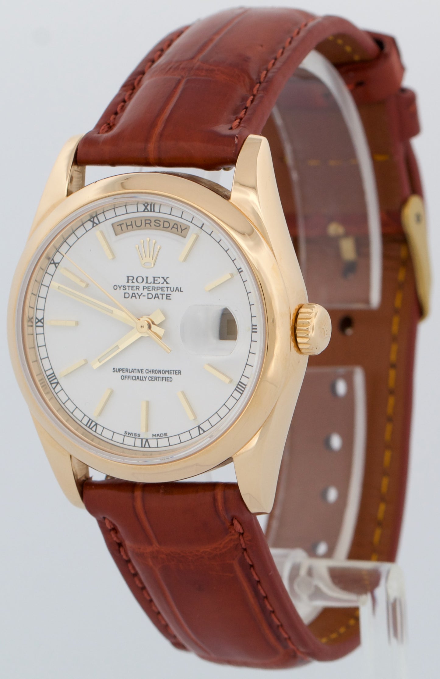 Rolex Day-Date WHITE 18K Yellow Gold Smooth Brown Leather 36mm Watch 118208