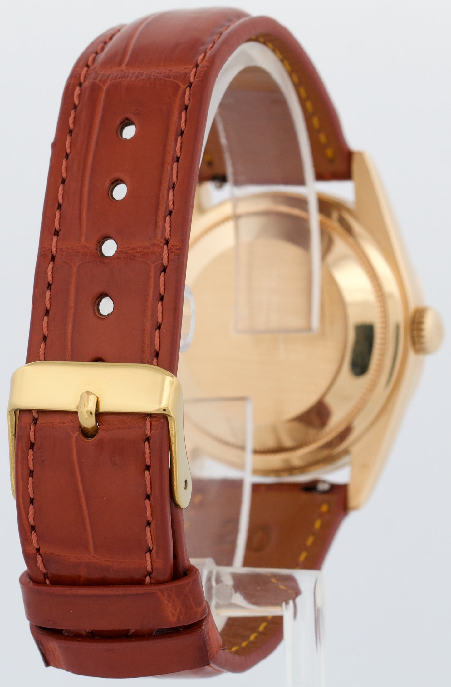 Rolex Day-Date WHITE 18K Yellow Gold Smooth Brown Leather 36mm Watch 118208