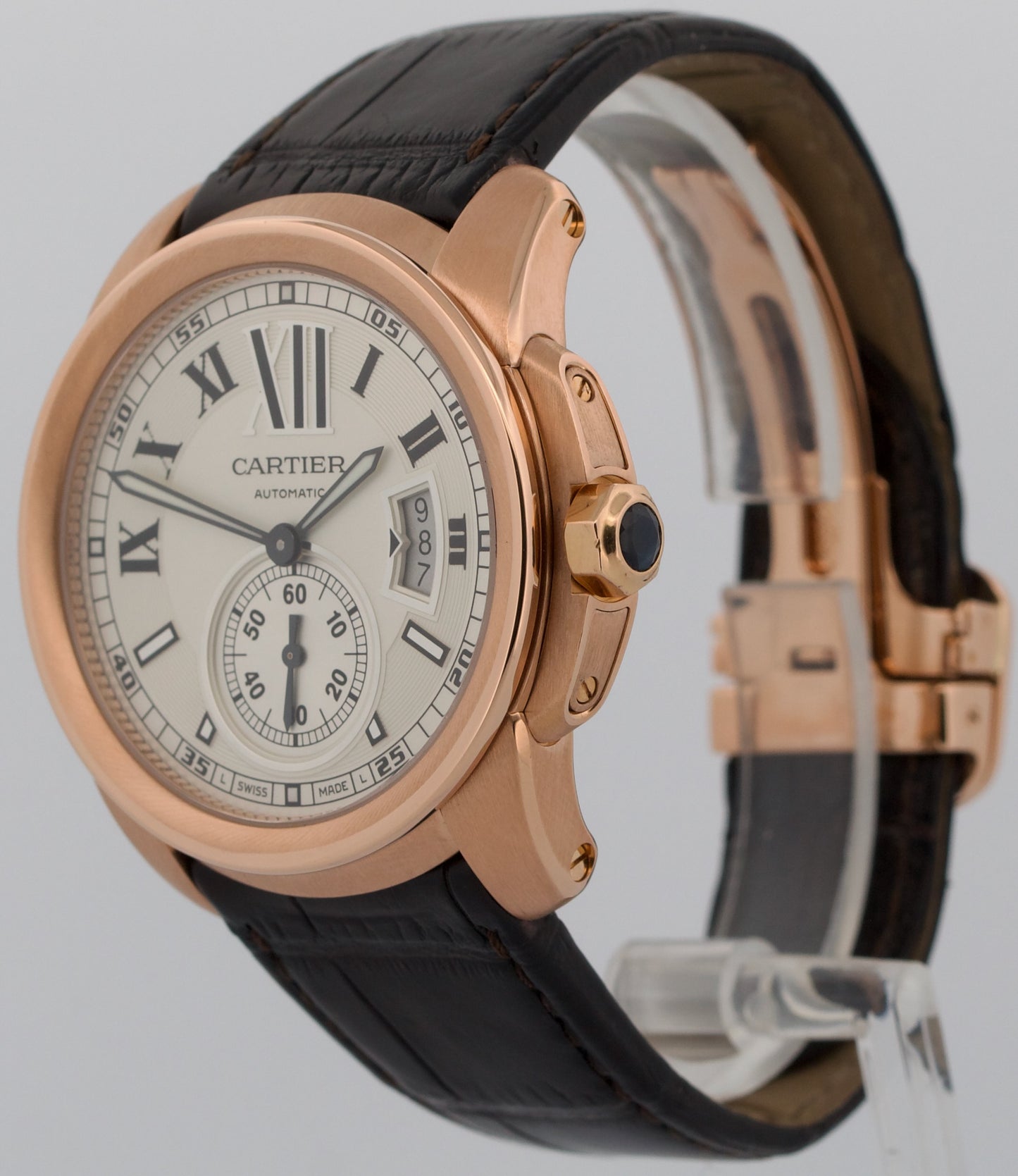 Men's Cartier Calibre IVORY ROMAN 42mm 18K Rose Gold Leather 3300 / W7100009